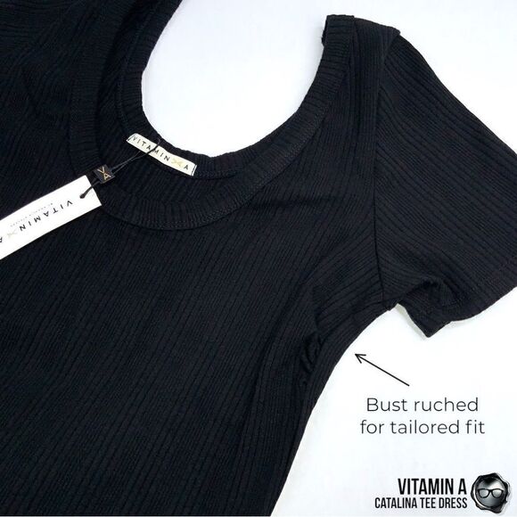 VITAMIN A CATALINA TEE LONG DRESS IN BLACK ORGANIC COTTON STRETCHY RIB KNIT MIDI - Picture 7 of 15